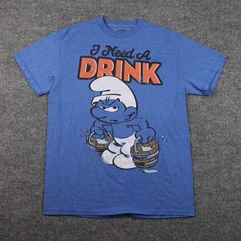 Smurfs Shirt Mens Large Blue‎ I Need A Drink Graphic Cartoon Tee Short Sleeve